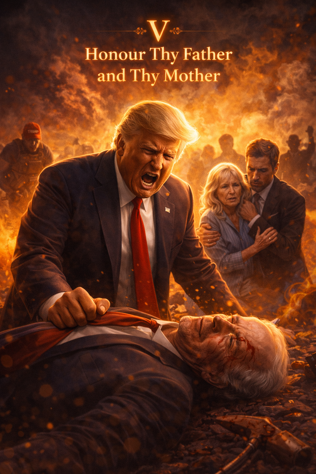 convicted Felon Trump assaulting depiction of his fallen father