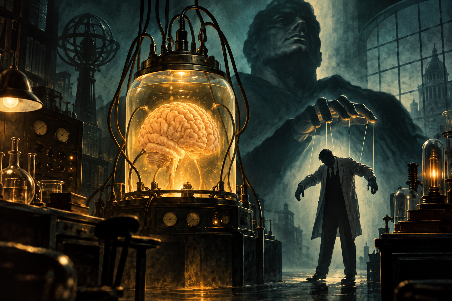 Illustration of a glowing brain in a laboratory vessel controlling a scientist like a puppet